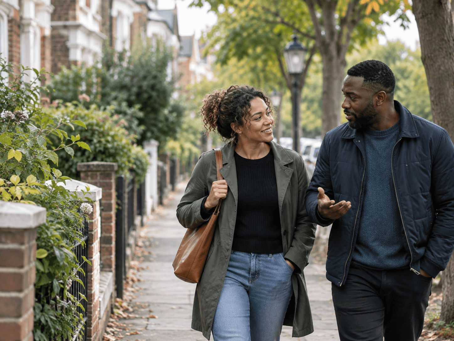 Two people walking through a North London neighbourhood