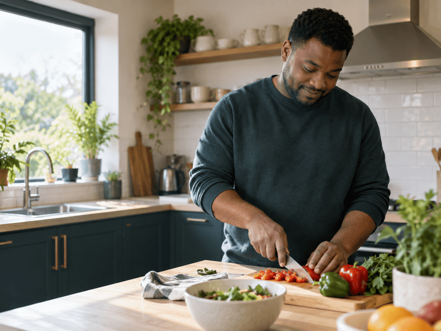 A person preparing food in a bright shared kitchen